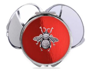 bumble bee compact mirror, item sku - COMP406 red, variation images showing a sample of the design.