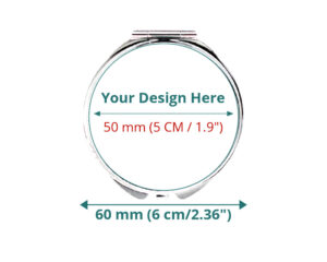 Compact mirror front view to show the design area and pocket mirror circumference of 60mm or 2.36"
