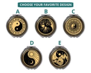 yin yang compact mirror, item sku - COMP418B3 bronze, variation images showing a sample of the design.