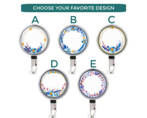 Baby Blue Floral Print Badge Reel - Badr458 Variations Image Showing The Design(S) You Can Choose From. Created By Terlis Designs.