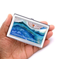 Business Card Case Work Friend Gift Bus139, Laying On A woman's Hand To Show The Size. Designed By Terlis Designs.