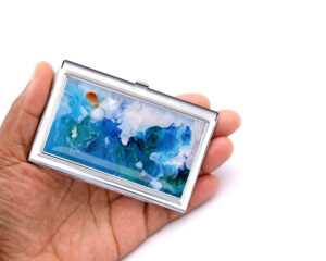 Business Card Holder Owner Gift Bus69, Laying On A woman's Hand To Show The Size. Designed By Terlis Designs.