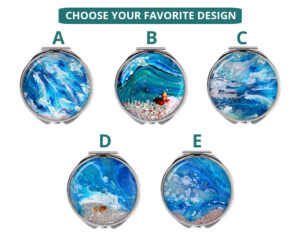 Compact mirror travel gift image showing the five base designs that you can choose from, each base can be personalized with your name or intials.