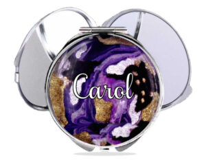 Custom metal makeup mirror, front view to show the design details. Item SKU - comp178b, by terlis designs.