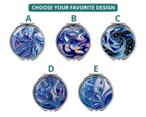 Custom double sided compact mirror image showing the five base designs that you can choose from, each base can be personalized with your name or intials.