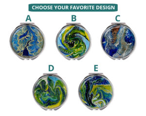 Custom floral compact mirror image showing the five base designs that you can choose from, each base can be personalized with your name or intials.