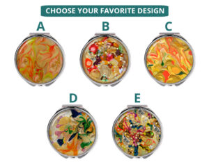 Custom magnifying compact mirror image showing the five base designs that you can choose from, each base can be personalized with your name or intials.