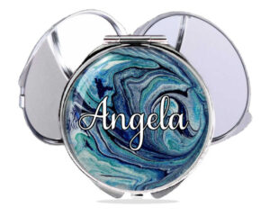Custom magnifying handheld mirror, front view to show the design details. Item SKU - comp102b, by terlis designs.