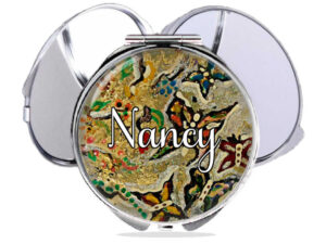 Custom magnifying makeup mirror, front view to show the design details. Item SKU - comp334c, by terlis designs.