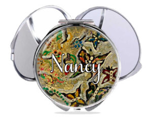 Custom magnifying makeup mirror, front view to show the design details. Item SKU - comp334c, by terlis designs.
