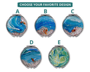 Custom round compact mirror image showing the five base designs that you can choose from, each base can be personalized with your name or intials.