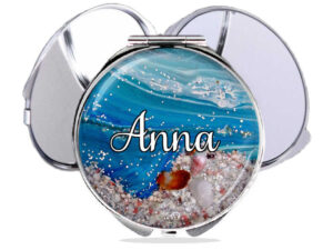Custom round compact mirror, front view to show the design details. Item SKU - comp97c, by terlis designs.