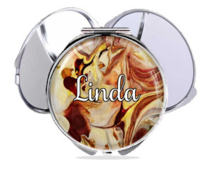 Custom round handheld mirror, front view to show the design details. Item SKU - comp393a, by terlis designs.