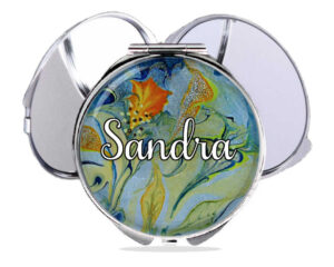 Custom round makeup mirror, front view to show the design details. Item SKU - comp273b, by terlis designs.