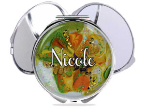 Custom silver compact mirror, front view to show the design details. Item SKU - comp74b, by terlis designs.