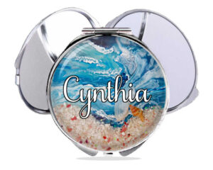 Custom silver handheld mirror, front view to show the design details. Item SKU - comp136e, by terlis designs.