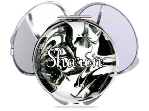 Custom travel makeup mirror, front view to show the design details. Item SKU - comp145a, by terlis designs.