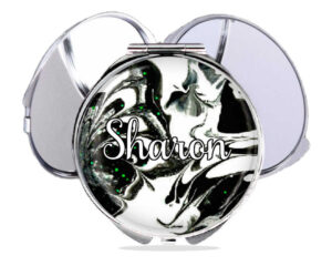Custom travel makeup mirror, front view to show the design details. Item SKU - comp145a, by terlis designs.