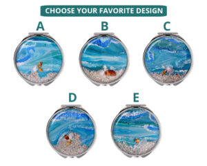 Double sided pocket mirror image showing the five base designs that you can choose from, each base can be personalized with your name or intials.