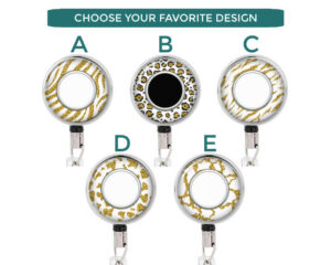 Gold White Animal Print Nursing Badge Reel - Badr452 Variations Image Showing The Design(S) You Can Choose From. Created By Terlis Designs.