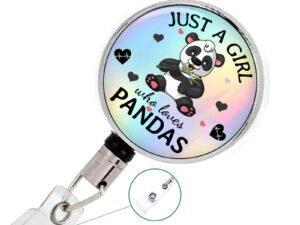 Just A Girl Who Loves Pandas Badge Reel - Badr421 E, Front View To Show The Design Details. Created By Terlis Designs.