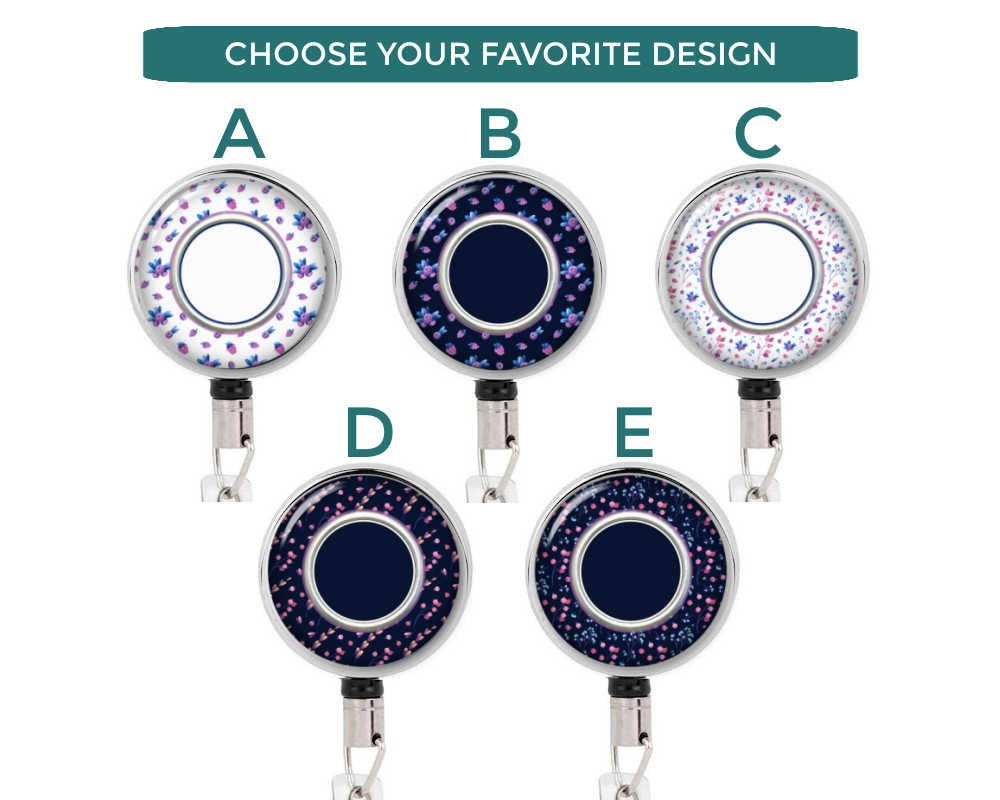 Lilac Blue Floral Print Custom Badge Reel - Badr457 Variations Image Showing The Design(S) You Can Choose From. Created By Terlis Designs.