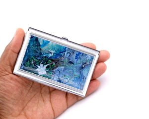 Ocean Art Credit Card Holder Gift Bus68, Laying On A woman's Hand To Show The Size. Designed By Terlis Designs.