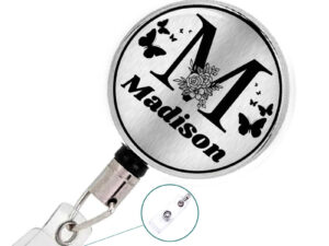 Personalized Initial Retractable Badge Reel - Badr416 M, Front View To Show The Design Details. Created By Terlis Designs.