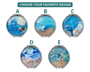 Personalized name compact mirror image showing the five base designs that you can choose from, each base can be personalized with your name or intials.