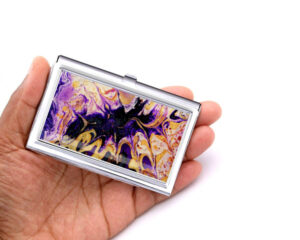 Pocket Business Card Case Bus27, Laying On A woman's Hand To Show The Size. Designed By Terlis Designs.