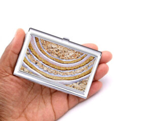 Pocket Business Card Holder Bus113, Laying On A woman's Hand To Show The Size. Designed By Terlis Designs.