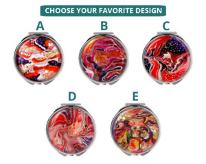 Portable compact mirror image showing the five base designs that you can choose from, each base can be personalized with your name or intials.