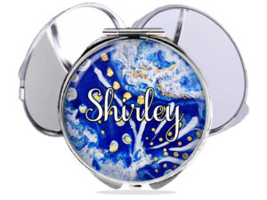 Portable makeup mirror custom name gift, front view to show the design details. Item SKU - comp100d, by terlis designs.