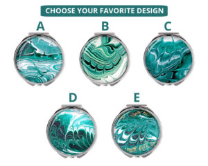 Seafoam green handheld mirror image showing the five base designs that you can choose from, each base can be personalized with your name or intials.