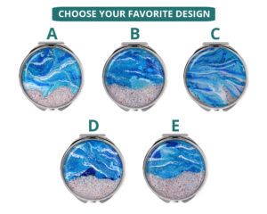 Silver compact mirror image showing the five base designs that you can choose from, each base can be personalized with your name or intials.