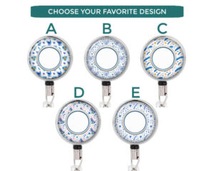 Sky Blue Floral Print Nurse Pediatrics Badge Reel - Badr456 Variations Image Showing The Design(S) You Can Choose From. Created By Terlis Designs.