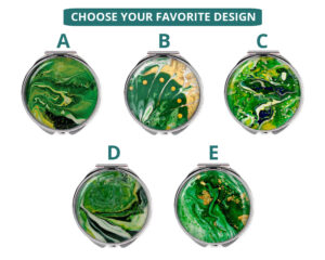 Travel compact mirror image showing the five base designs that you can choose from, each base can be personalized with your name or intials.