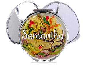 Travel pocket mirror custom name, front view to show the design details. Item SKU - comp72d, by terlis designs.