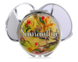 Travel pocket mirror custom name, front view to show the design details. Item SKU - comp72d, by terlis designs.