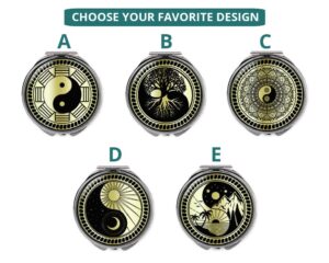 yin yang compact mirror, item sku - COMP418B3 gold, variation images showing a sample of the design.