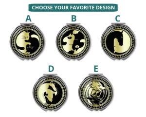 yin yang foldable compact mirror, item sku - COMP418G1 gold, variation images showing a sample of the design.