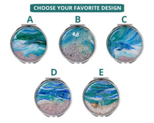 seafoam green Custom compact mirror image showing the five base designs that you can choose from, each base can be personalized with your name or intials.