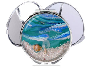 Seafoam green custom compact mirror, front view to show the design details. Item SKU - comp442e, by terlis designs.