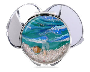 Seafoam green custom compact mirror, front view to show the design details. Item SKU - comp442e, by terlis designs.
