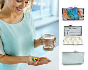 Birth Control Pill Organizer - PILB45, being used by a woman holding a glass of water and her pills.