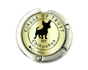 Circle of trust purse hanger for table, item sku PURH446, front view to show the design details, by terlis designs.