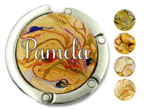 Custom name bag hook for table, item sku PURH335, front view to show the design details, by terlis designs.