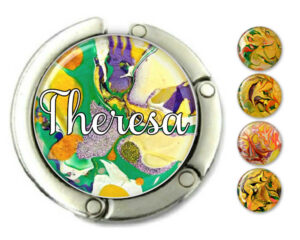 Custom name foldable purse hanger, item sku PURH445, front view to show the design details, by terlis designs.