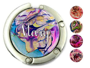 Custom name foldable purse hook, item sku PURH32, front view to show the design details, by terlis designs.