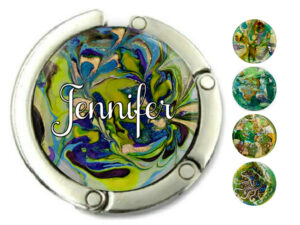 Custom name folding purse hook, item sku PURH68, front view to show the design details, by terlis designs.